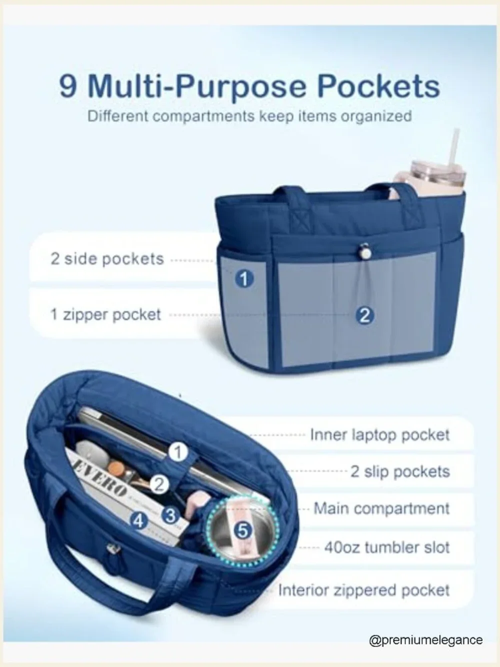 Puffy Tote Bag with Laptop Compartment & Cup Holder, 20L, Travel